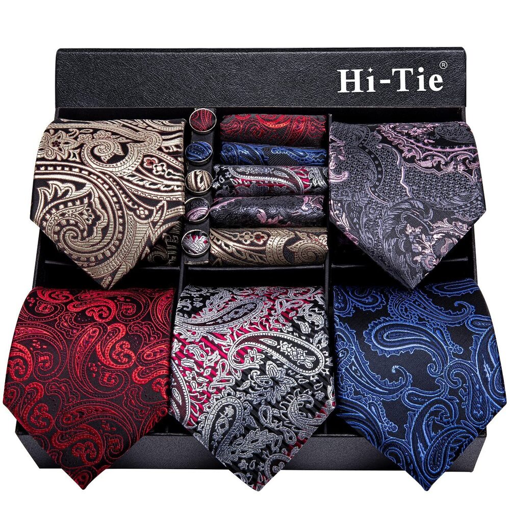 9772 Lot 5 Pcs Gift Box Tie Set Necktie with Pocket Square Cufflinks Silk